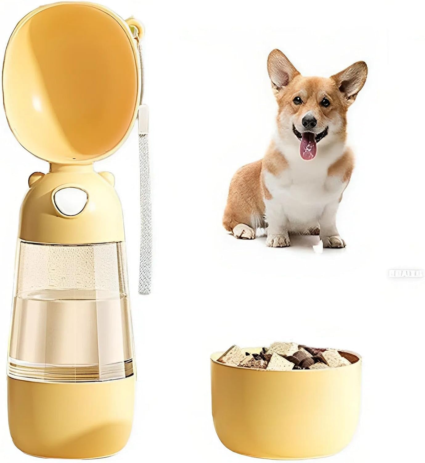 2 in 1 Dog Water Bottle and Food Container, Leak Proof Portable Dog Travel Bottle for Walking, BPA Free Pet Water Dispenser with Drinking Bowl, Lightweight for Hiking, Camping(Yellow)