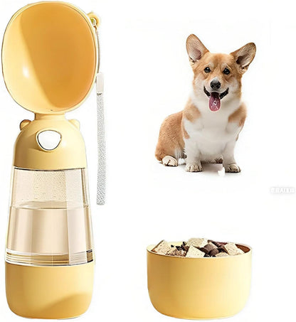 2 in 1 Dog Water Bottle and Food Container, Leak Proof Portable Dog Travel Bottle for Walking, BPA Free Pet Water Dispenser with Drinking Bowl, Lightweight for Hiking, Camping(Yellow)