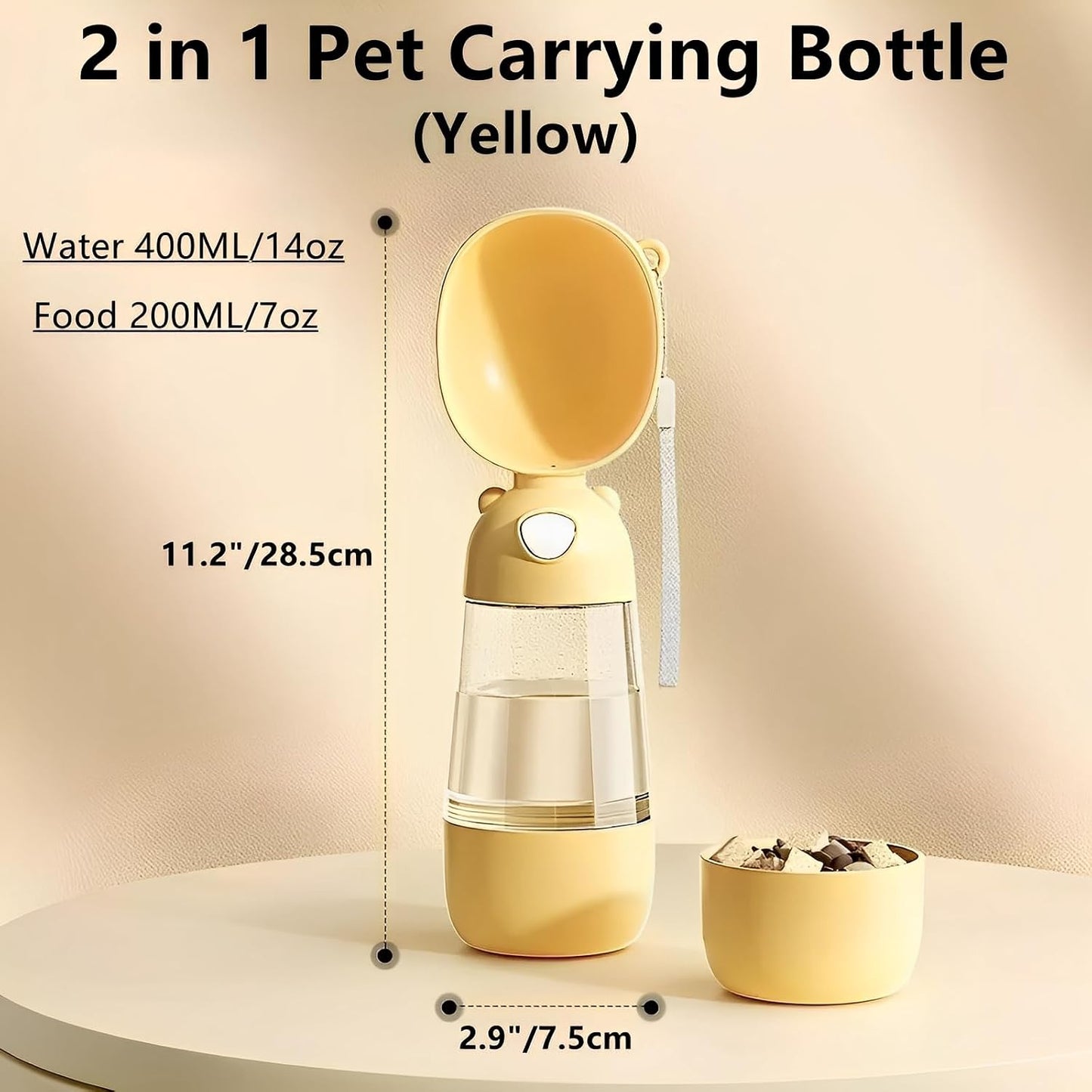 2 in 1 Dog Water Bottle and Food Container, Leak Proof Portable Dog Travel Bottle for Walking, BPA Free Pet Water Dispenser with Drinking Bowl, Lightweight for Hiking, Camping(Yellow)