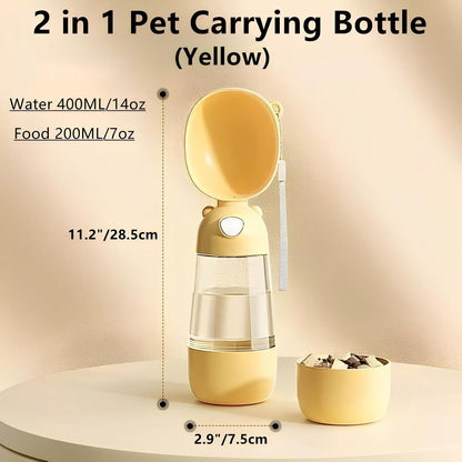2 in 1 Dog Water Bottle and Food Container, Leak Proof Portable Dog Travel Bottle for Walking, BPA Free Pet Water Dispenser with Drinking Bowl, Lightweight for Hiking, Camping(Yellow)